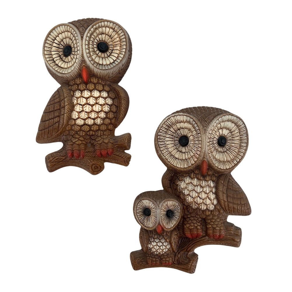 Vintage 1981 Foam Craft Owl Wall Hanging Set Brown Retro Woodland Decor 2pc